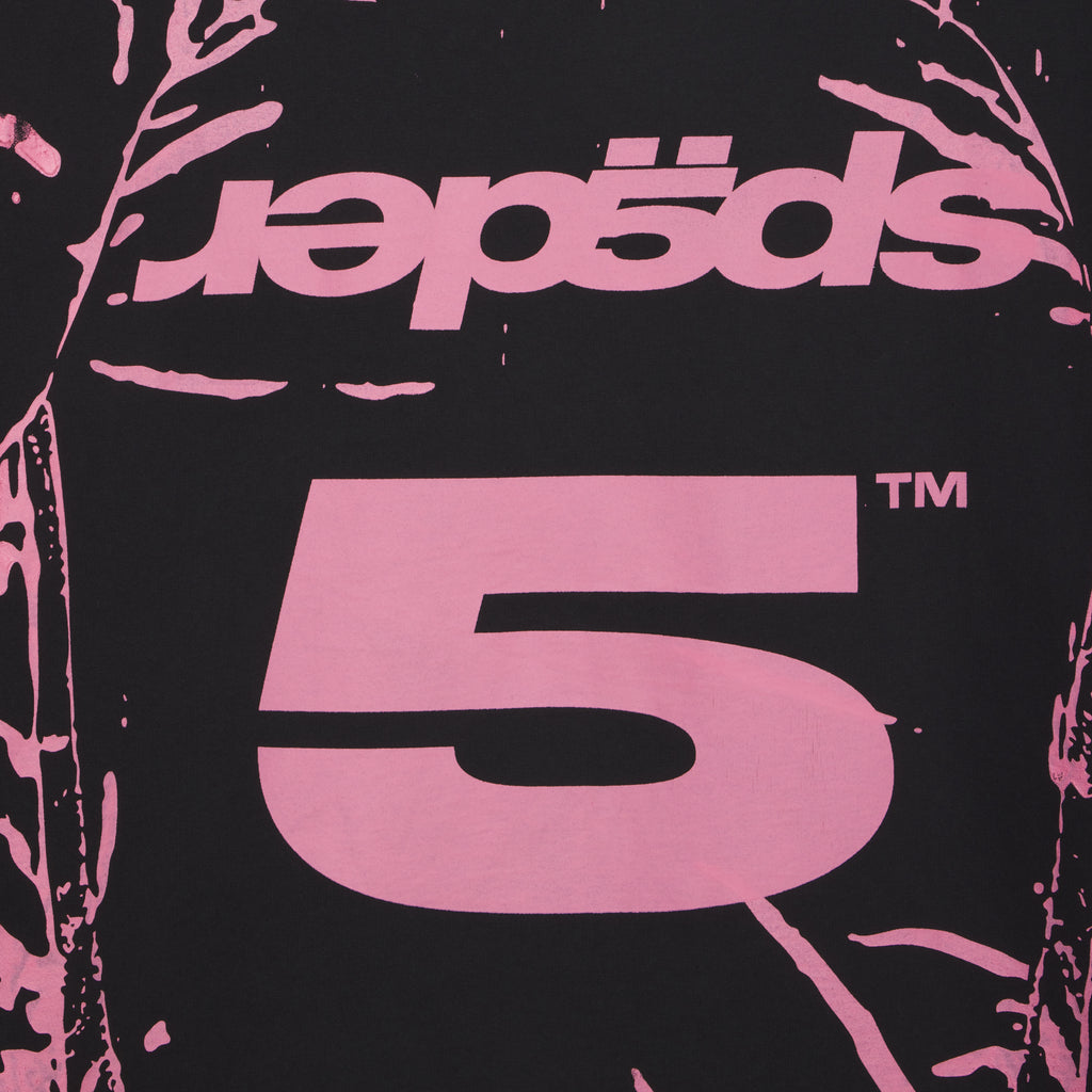 Black 100% cotton tee with pink "Sp5der" graphic print and large "5™" design.