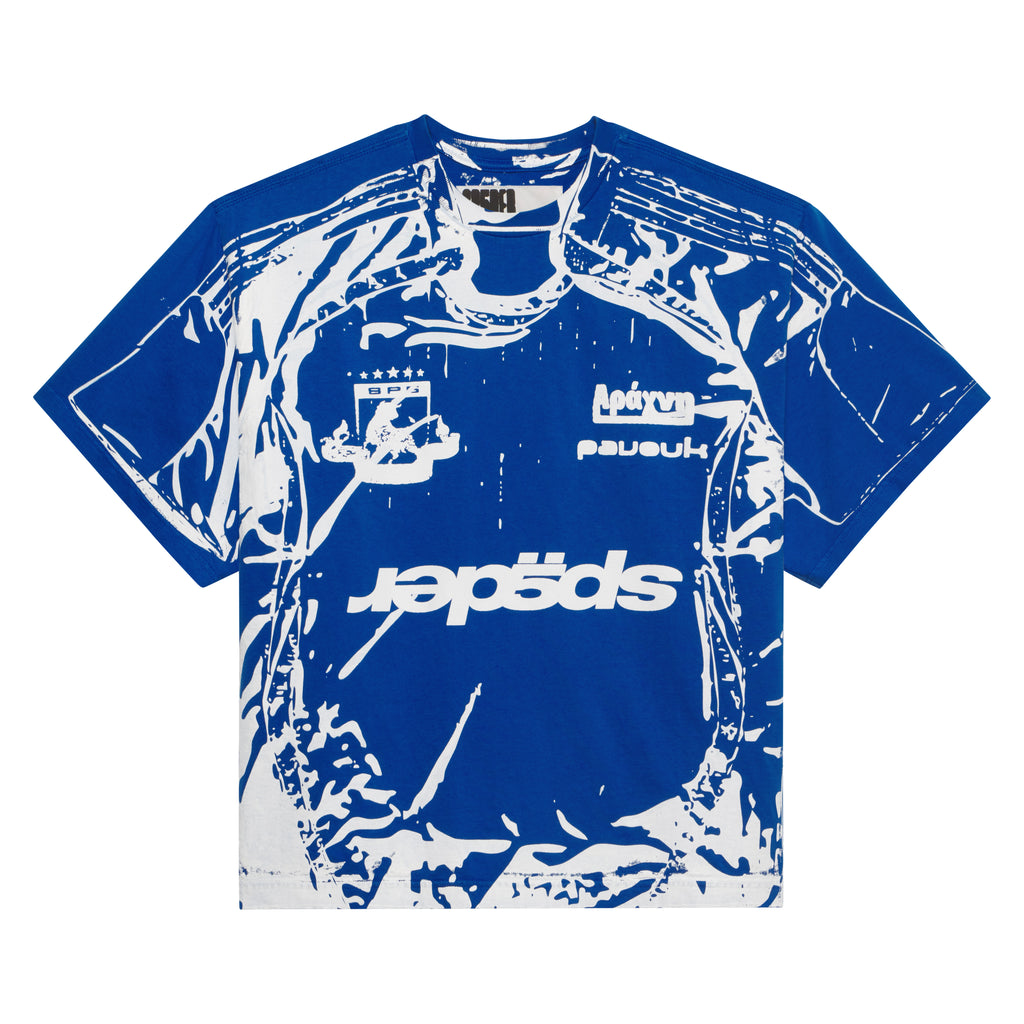 Blue 100% cotton tee with white trompe l'œil graphic print and standard fit.