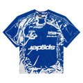 Blue 100% cotton tee with white trompe l'œil graphic print and standard fit.
