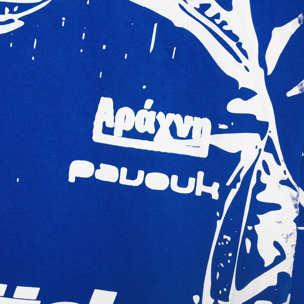 Close-up of a blue 100% cotton tee with a white graphic print and Greek text.