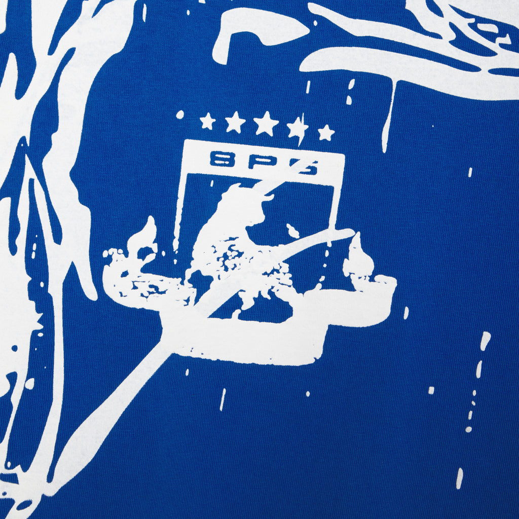 Close-up of a blue 100% cotton tee with a white graphic print featuring a crest and stars.
