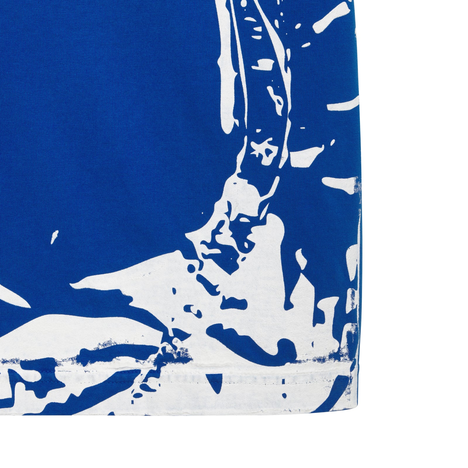Blue 100% cotton JERSEY OVERPRINT TEE with white abstract graphic print.