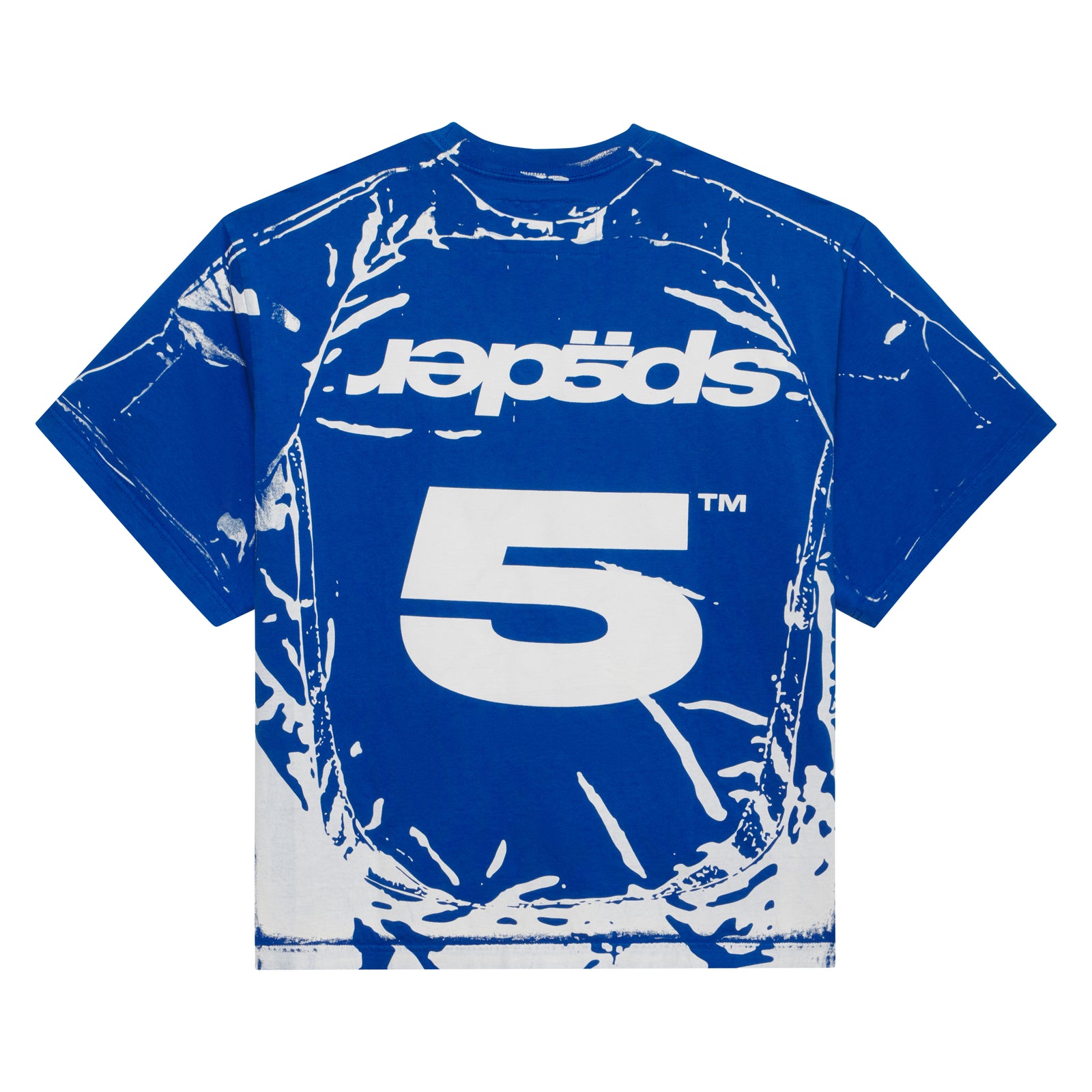 Blue 100% cotton tee with white "Japeds" text and large "5" graphic print, featuring a trompe l'œil design.