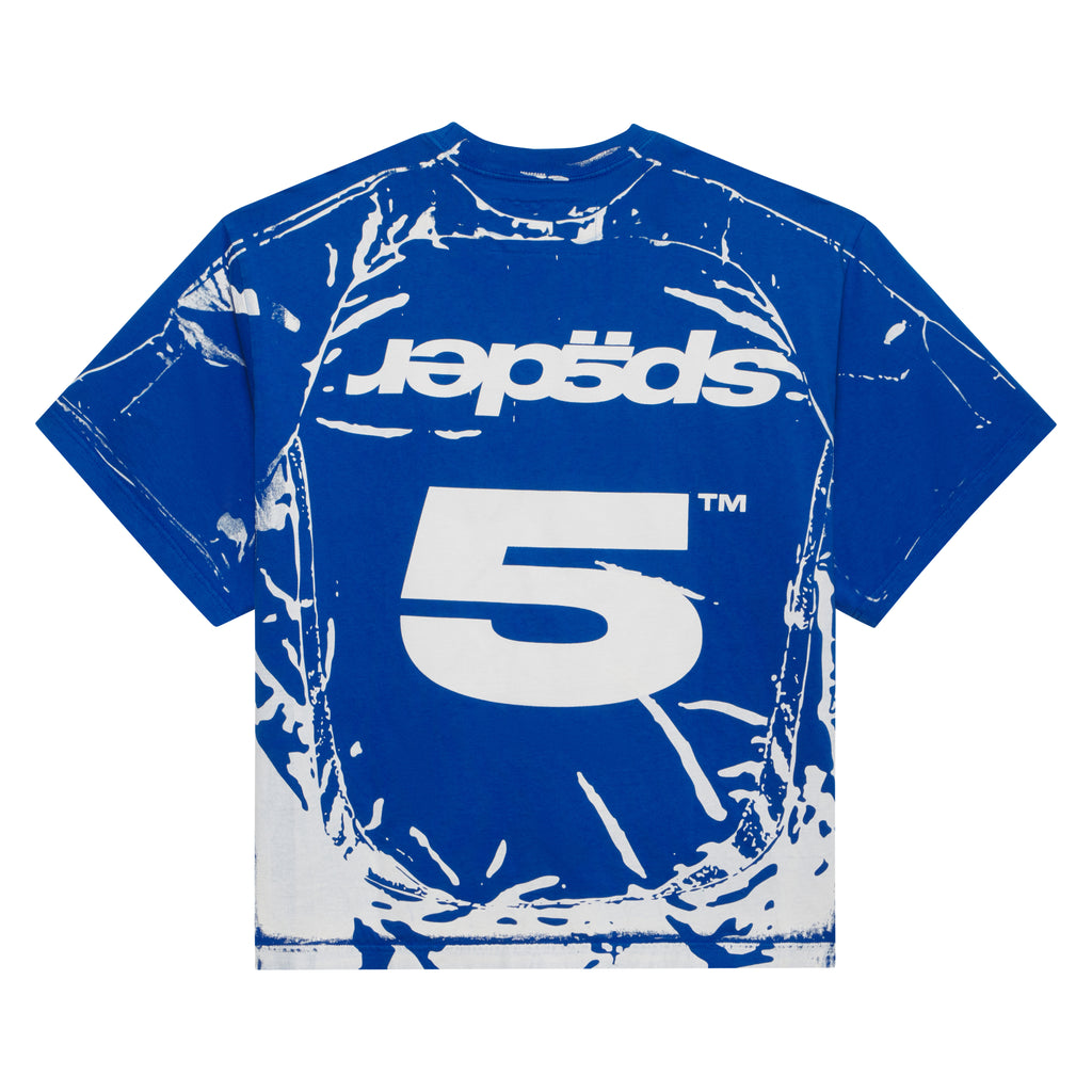 Blue 100% cotton tee with white "Japeds" text and large "5" graphic print, featuring a trompe l'œil design.