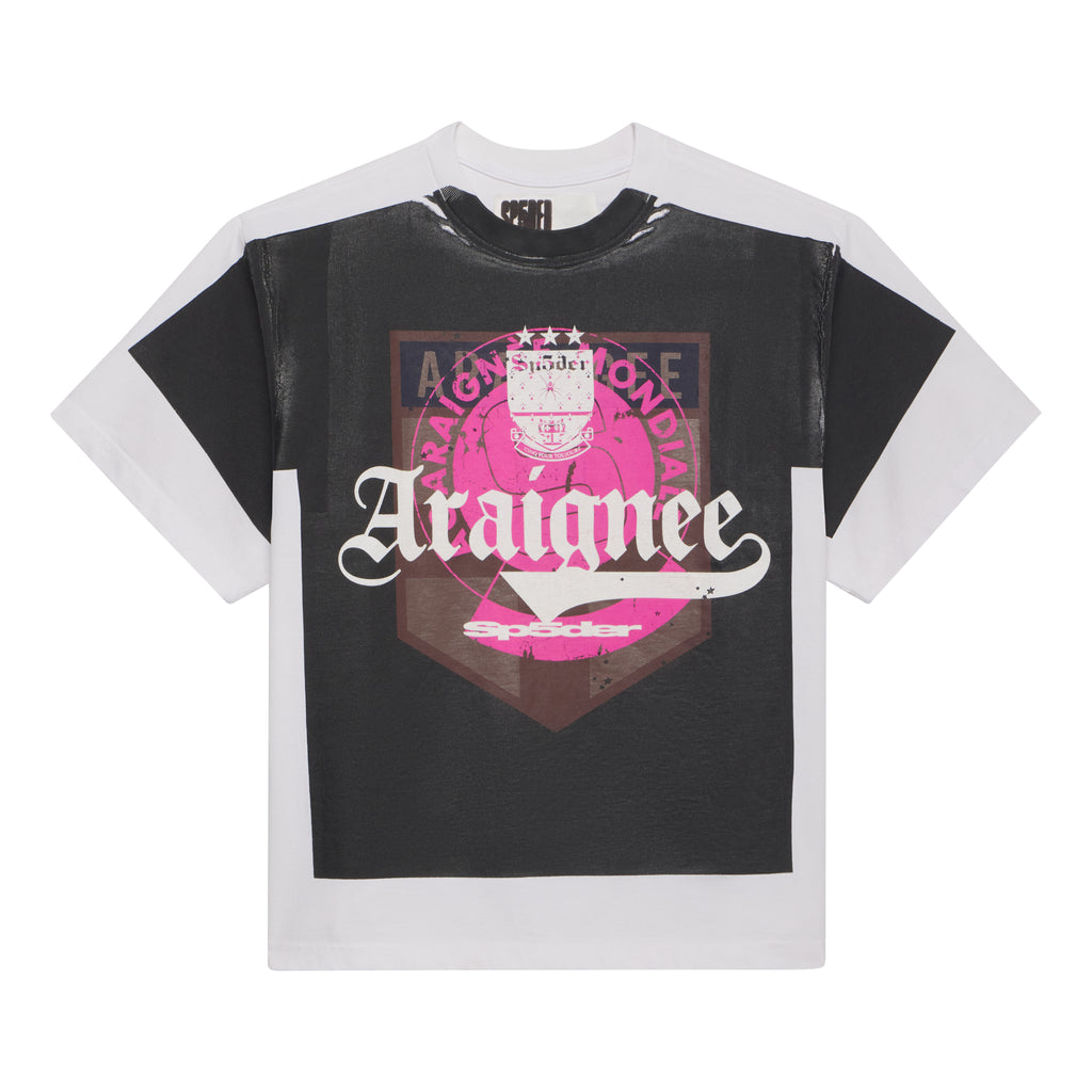 White cotton tee with black overlay and pink "Araignee" graphic print.