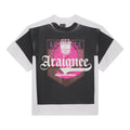 White cotton tee with black overlay and pink "Araignee" graphic print.