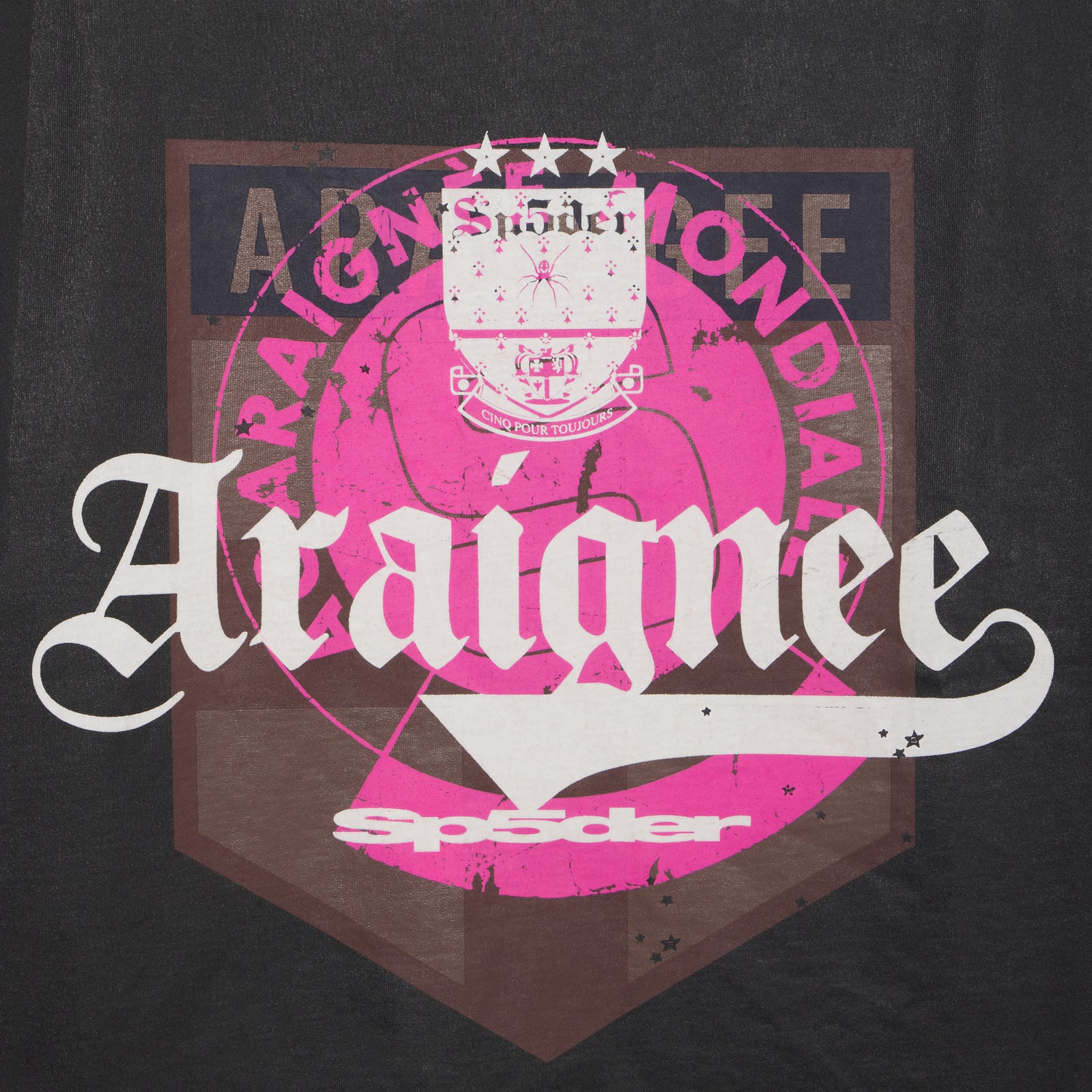 Black cotton tee with a distressed pink and brown "Araignee Mondial" graphic print.