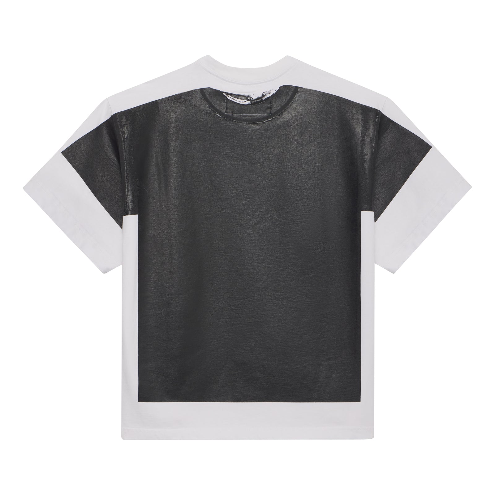 White 100% cotton tee with a large black graphic print on the front.