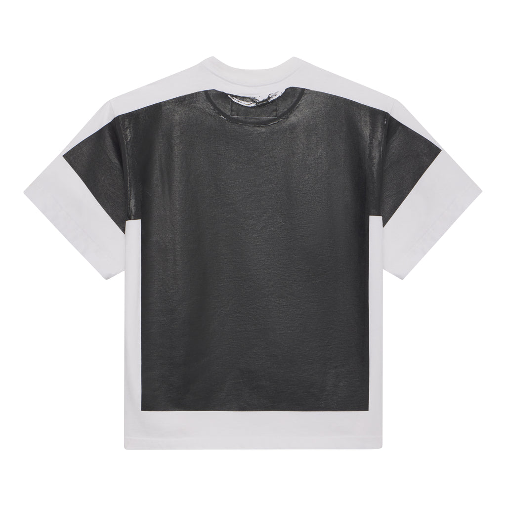 White 100% cotton tee with a large black graphic print on the front.