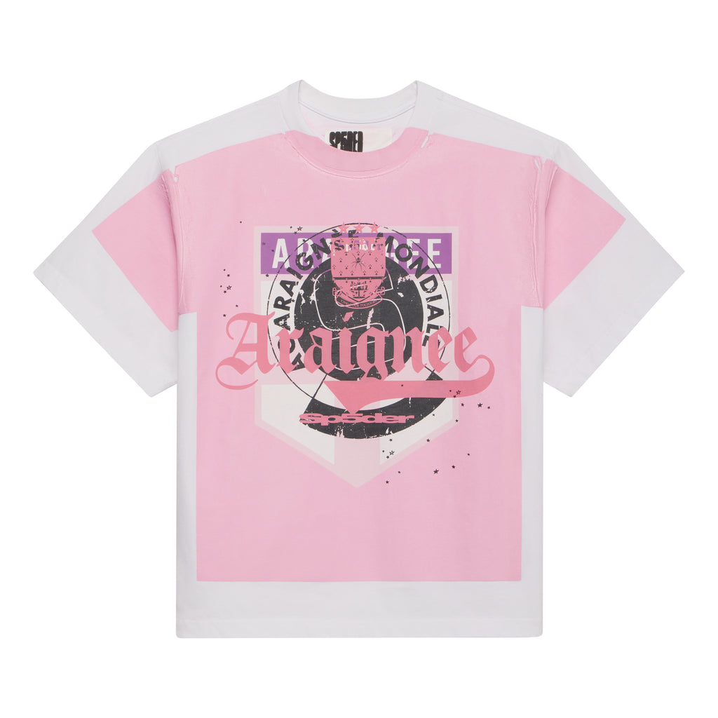 White and pink 100% cotton tee with "Araignée" graphic print on front.