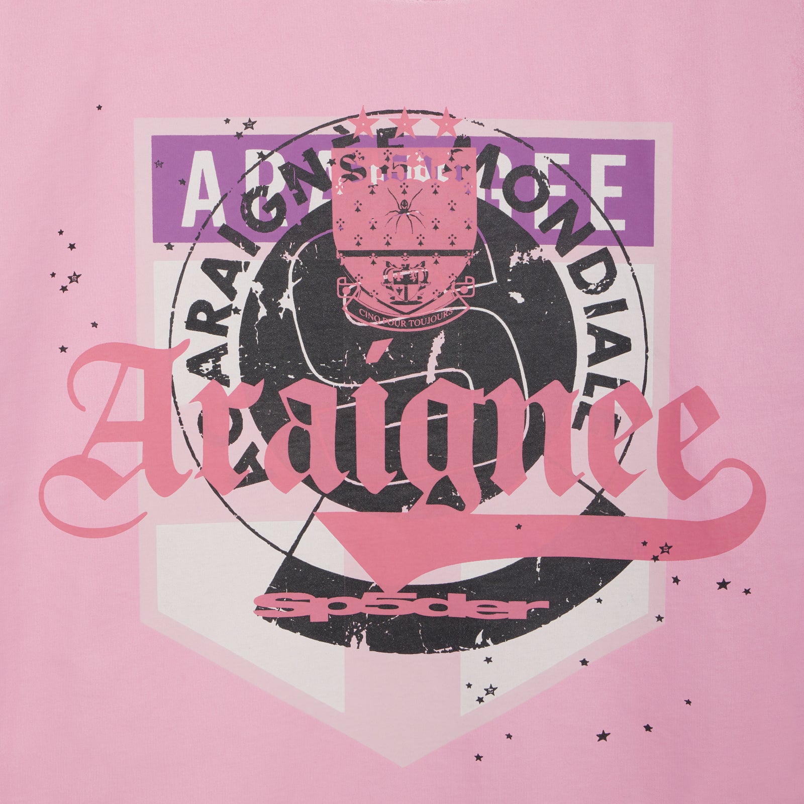 Pink cotton tee with a distressed black and pink spider graphic print.