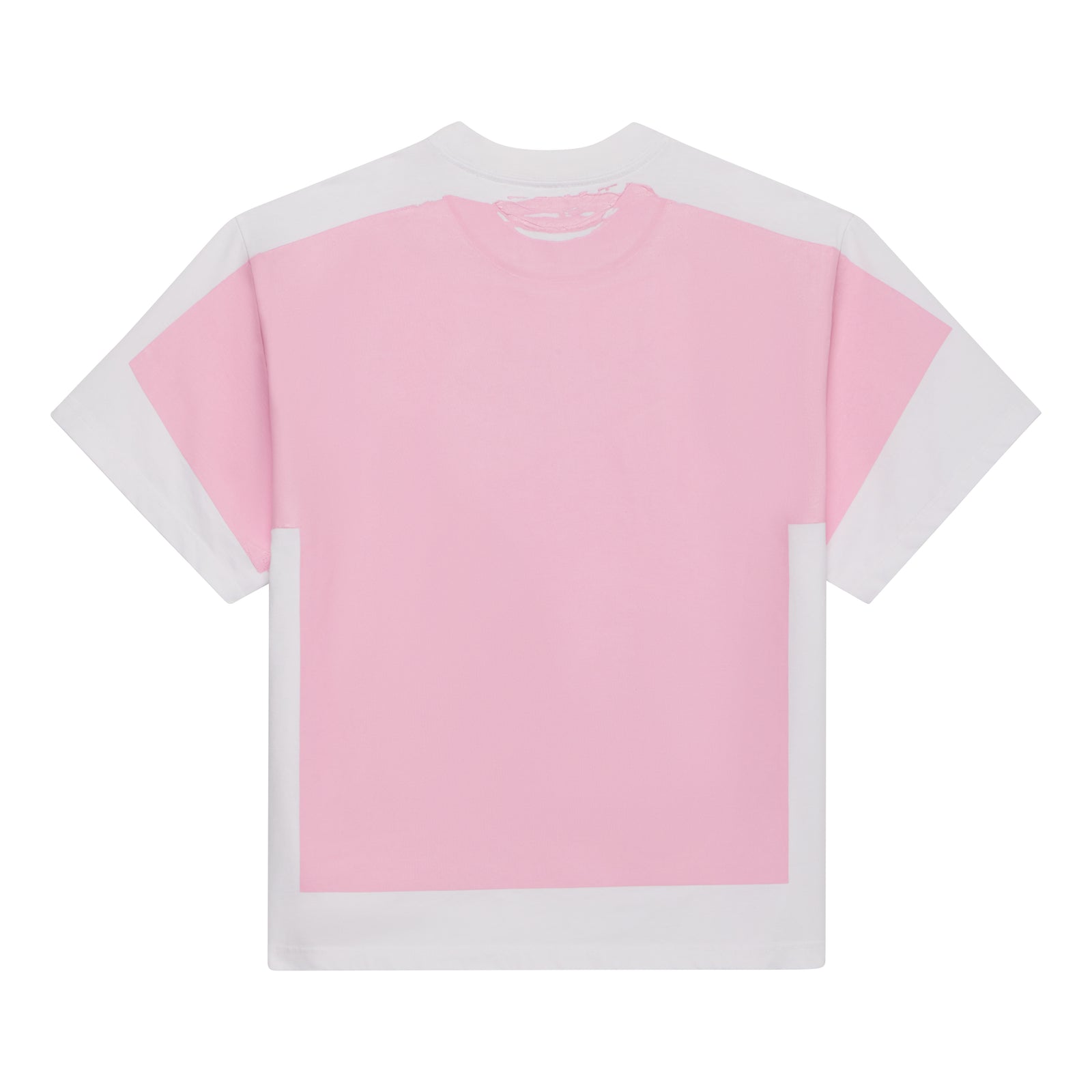 White and pink 100% cotton tee with trompe l'œil graphic print on front.