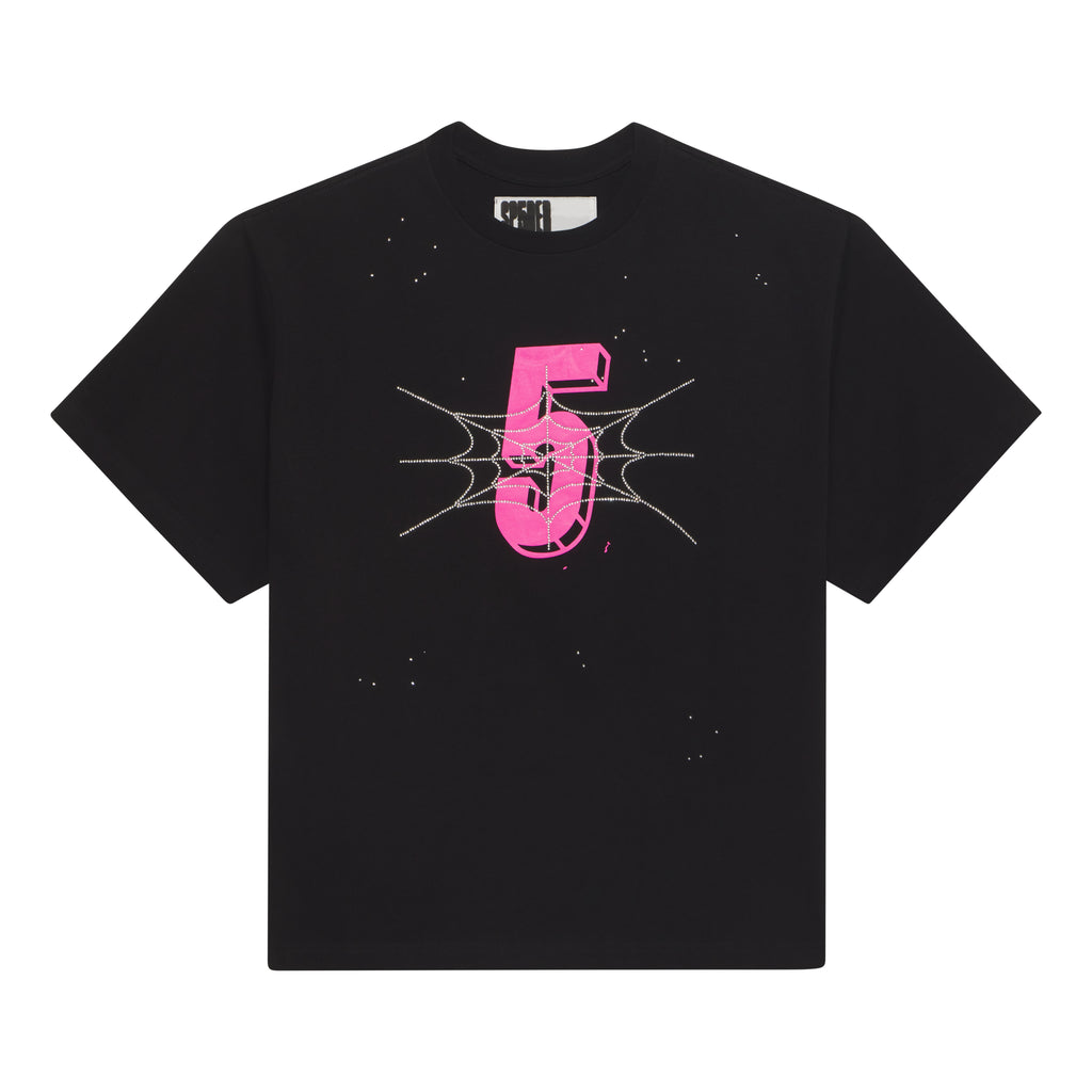 Black cotton tee with pink "5" graphic print, rhinestone spiderweb, and scattered rhinestones.