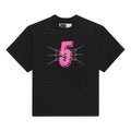 Black cotton tee with pink "5" graphic print, rhinestone spiderweb, and scattered rhinestones.