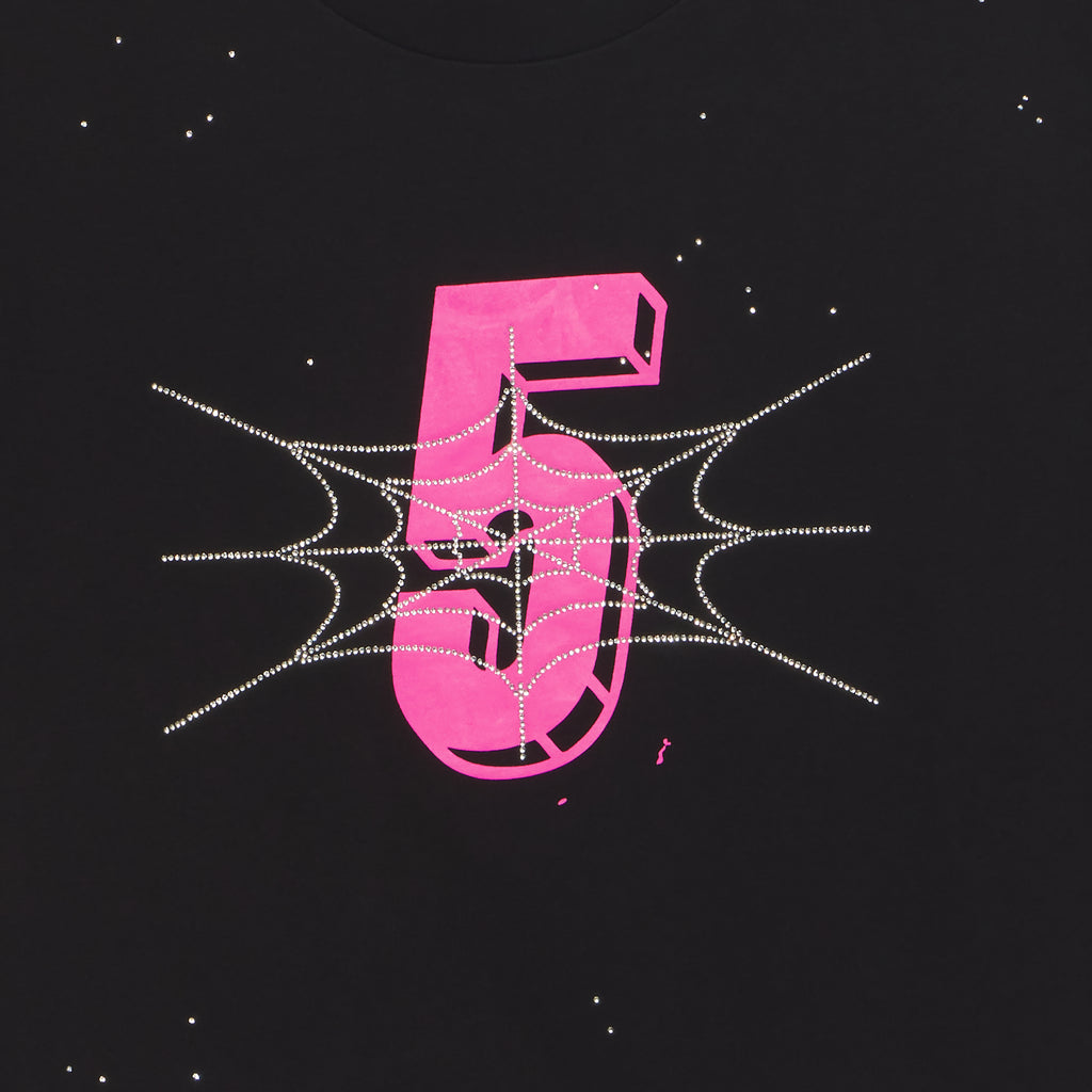 Black cotton tee with a large pink "5" graphic print and rhinestone spiderweb design.