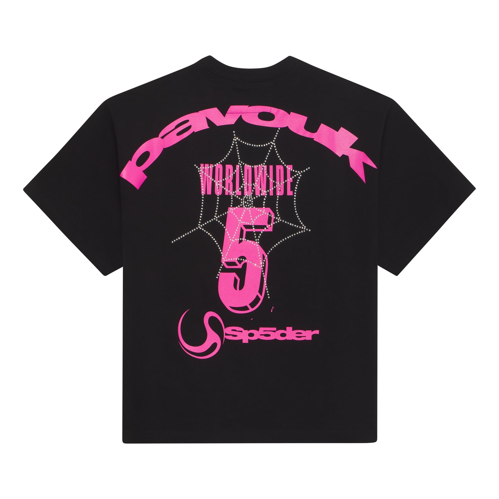 Black cotton tee with pink graphic print and rhinestone spiderweb design.