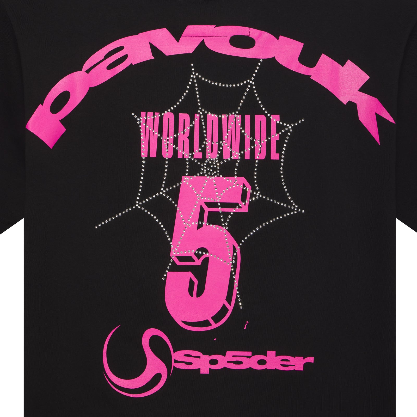Black cotton tee with pink graphic print and rhinestone spiderweb design.