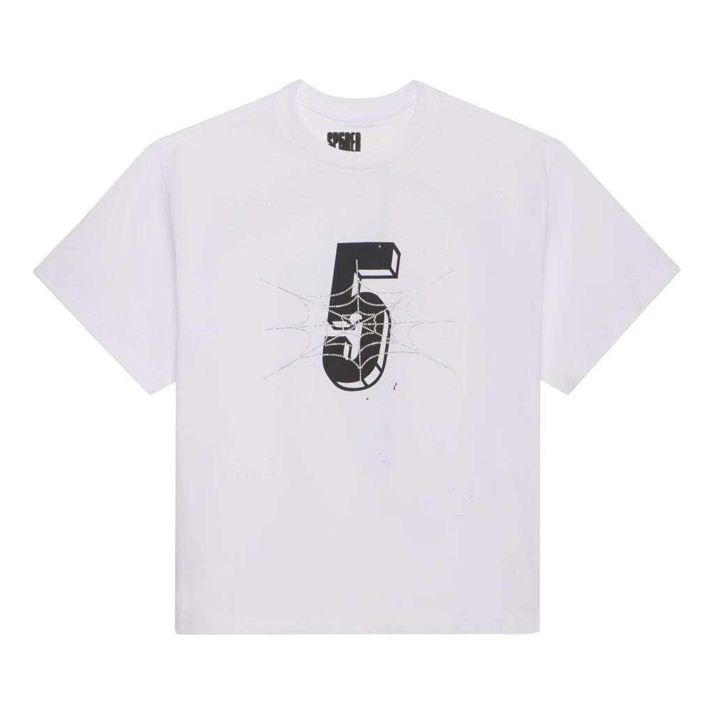 White cotton tee with black "5" graphic print and rhinestone spiderweb design.