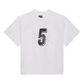 White cotton tee with black "5" graphic print and rhinestone spiderweb design.