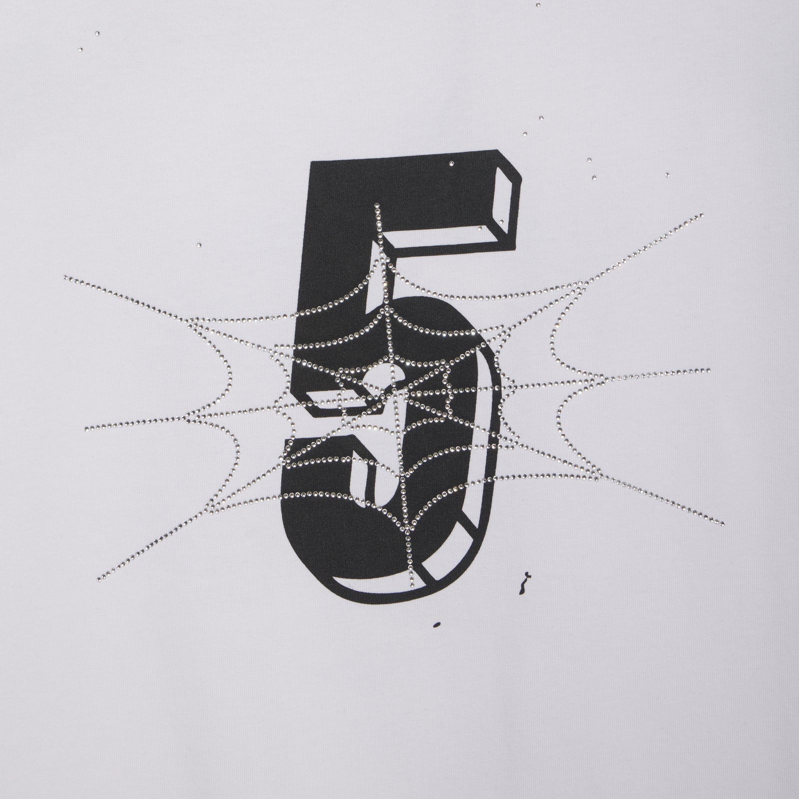 White cotton tee with black "5" graphic print and rhinestone spiderweb design.