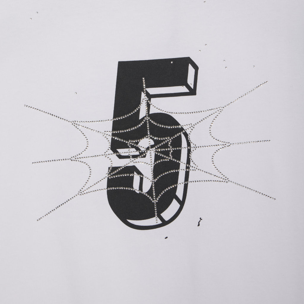 White cotton tee with black "5" graphic print and rhinestone spiderweb design.