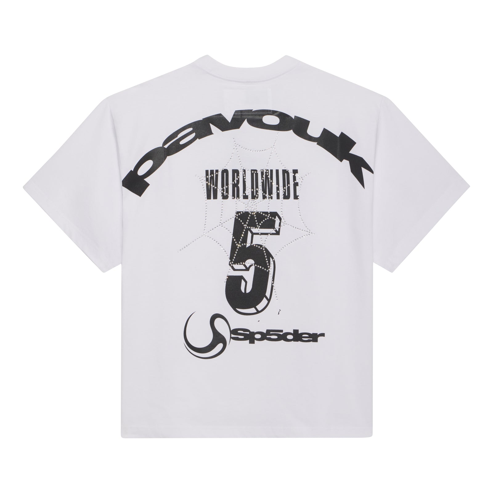 White cotton tee with black "PAVOUK" graphic print, "WORLDWIDE 5" rhinestone design, and spiderweb graphic.