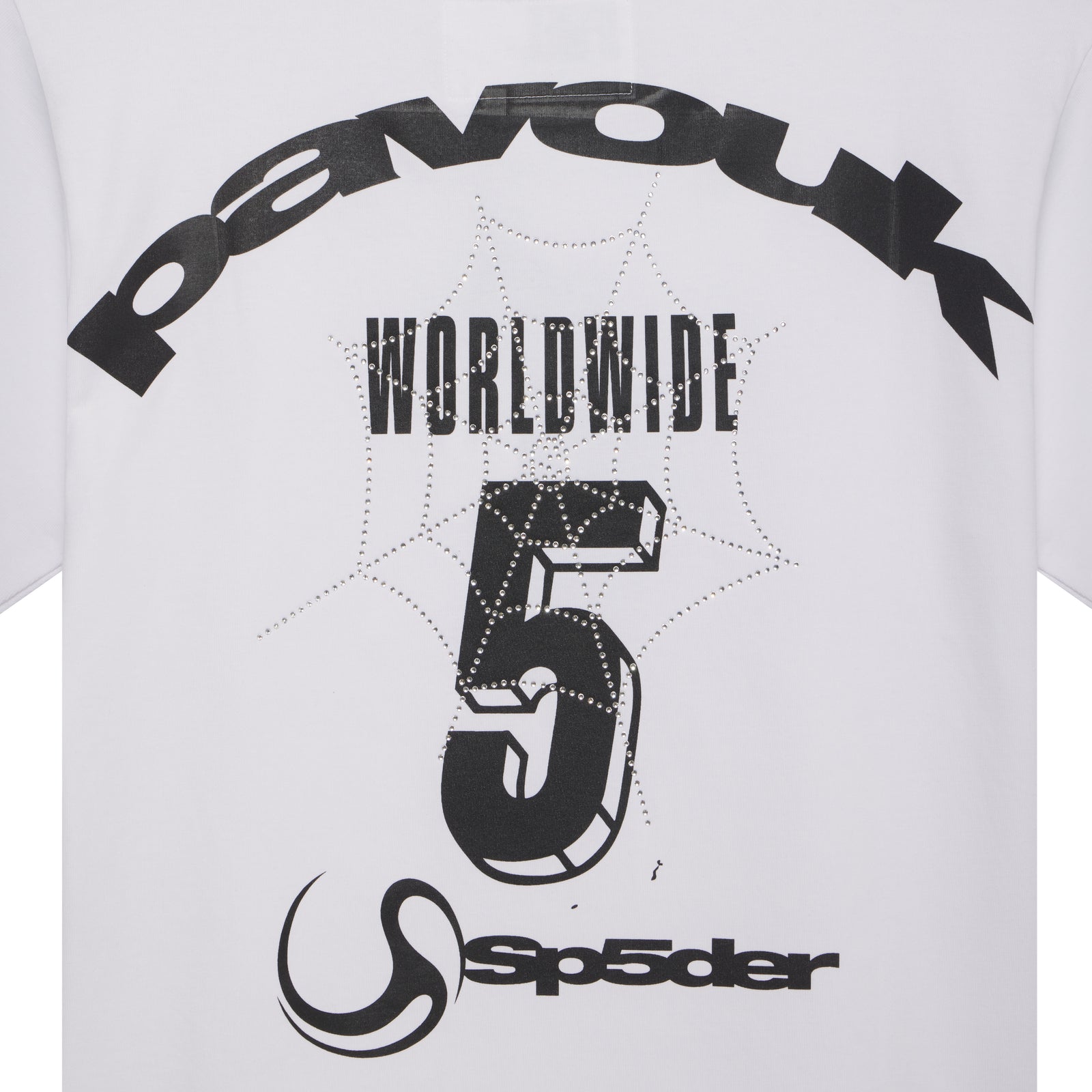 White cotton tee with black "PAVOUK" graphic print, rhinestone "WORLDWIDE 5" design, and "Sp5der" logo.