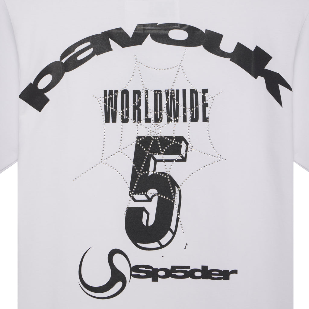 White cotton tee with black "PAVOUK" graphic print, rhinestone "WORLDWIDE 5" design, and "Sp5der" logo.