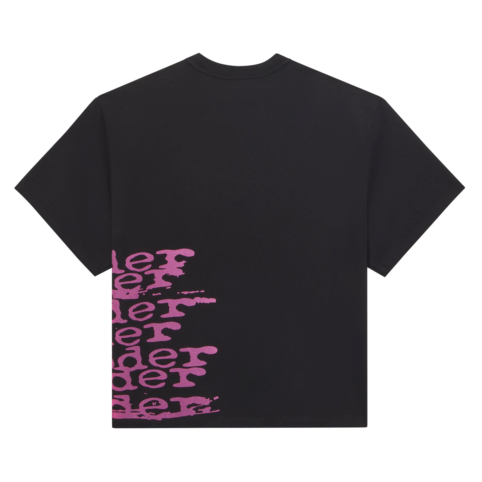 Black 100% cotton STACKED TEE with a pink wraparound graphic print, standard fit.