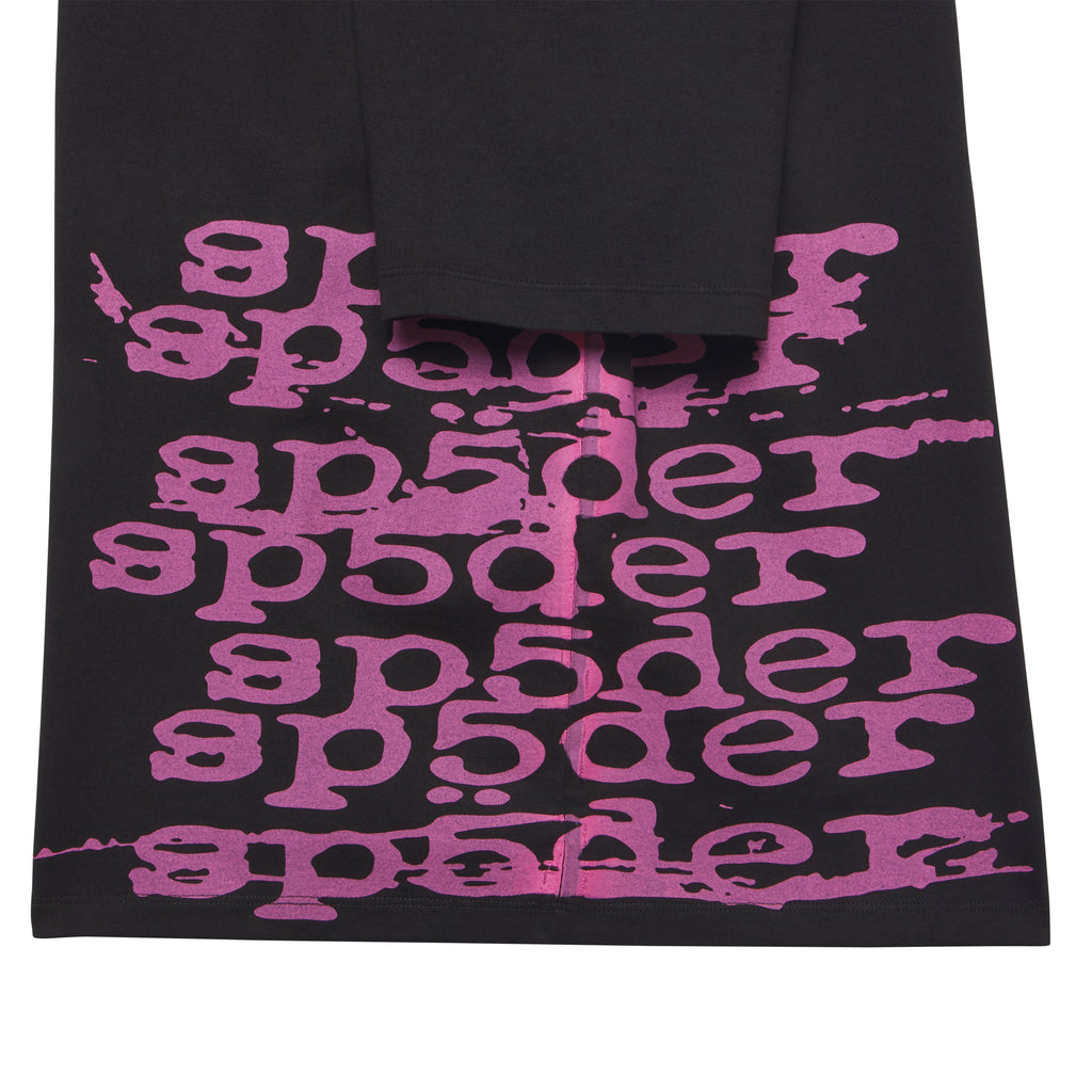 Black 100% cotton STACKED TEE with a pink wraparound graphic print of "sp5der" text.