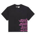Black 100% cotton STACKED TEE with a pink wraparound graphic print on the lower right side.