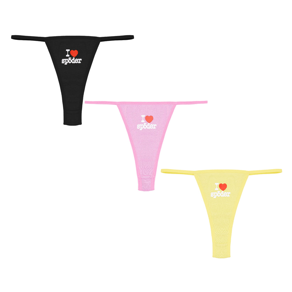 Three cotton thong briefs: black, pink, and yellow, each with a red heart and "sp5der" graphic.