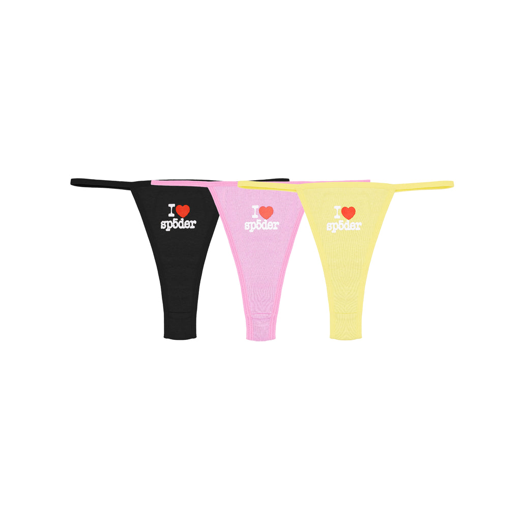 Three cotton thong briefs in black, pink, and yellow, each with a red heart and "I sp5der" graphic.