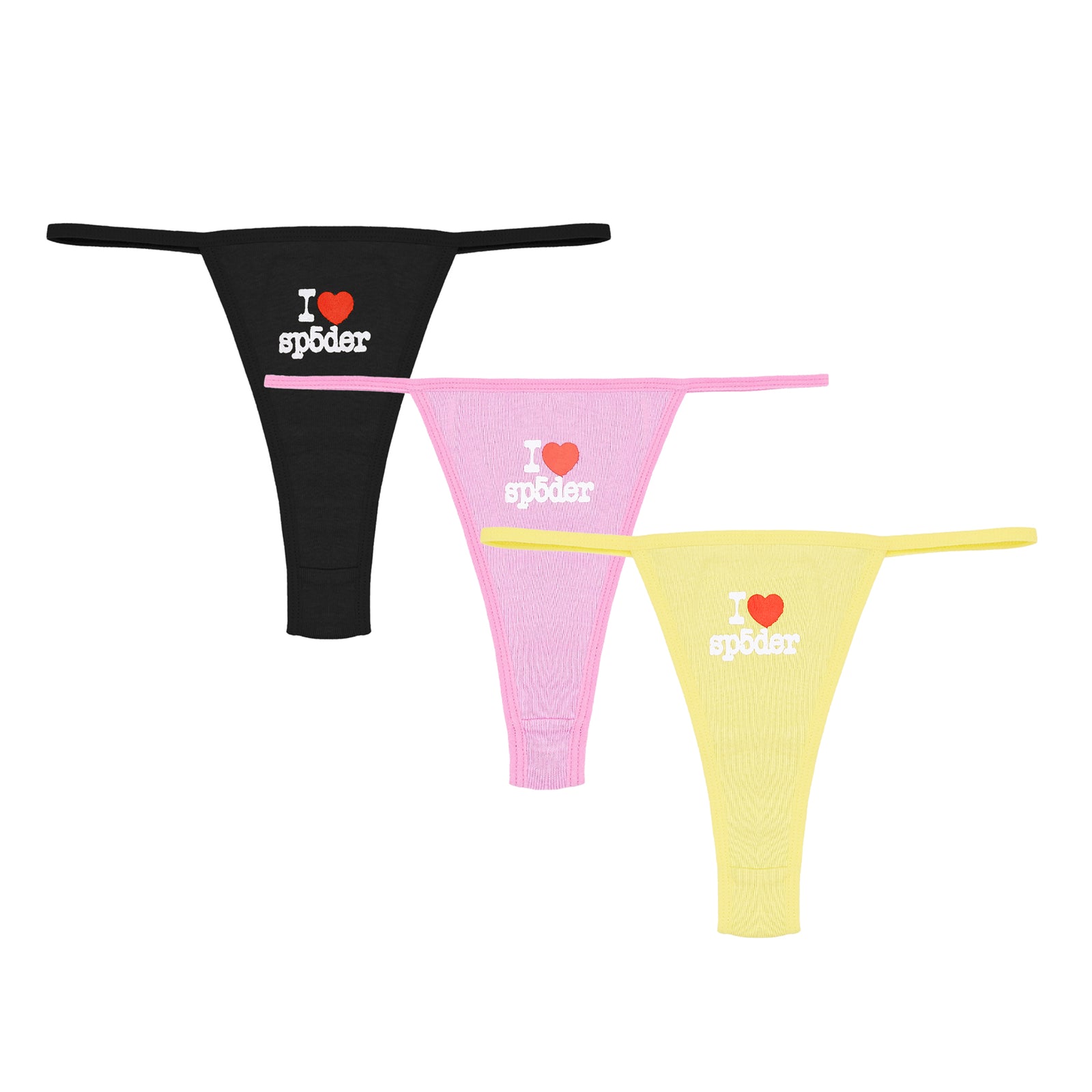 Pack of three cotton thong briefs in black, pink, and yellow, each with an "I heart sp5der" graphic.