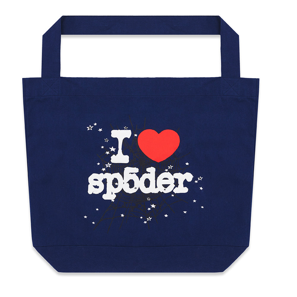 Navy blue 8oz brushed twill Souvenir XL Tote with a jumbo "I ♥︎ sp5der" puff print design.