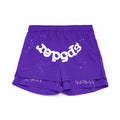 Purple nylon shorts with white "sp5der" text, web print, and stars, featuring a high-low double-layer design.