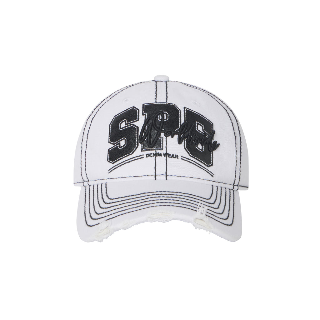 White denim baseball cap with black contrast stitching, distressed brim, and layered SP5 graphic logo embroidery.