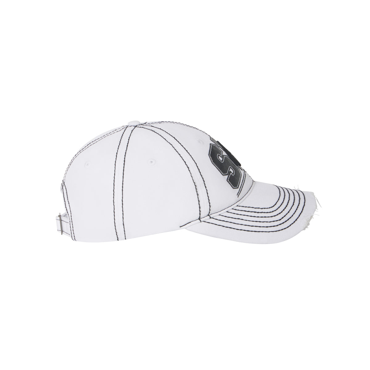 White denim baseball cap with black contrast stitching, layered logo appliqué, and a distressed curved brim with metal buckle.
