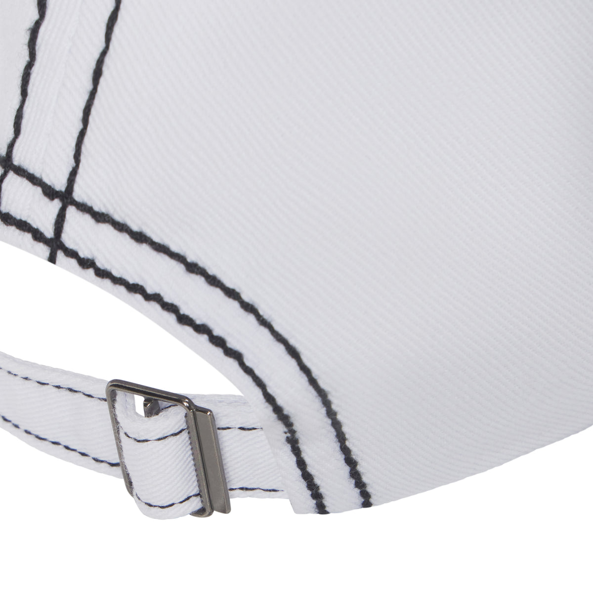White denim baseball cap with black contrast stitching and an adjustable metal buckle strap.