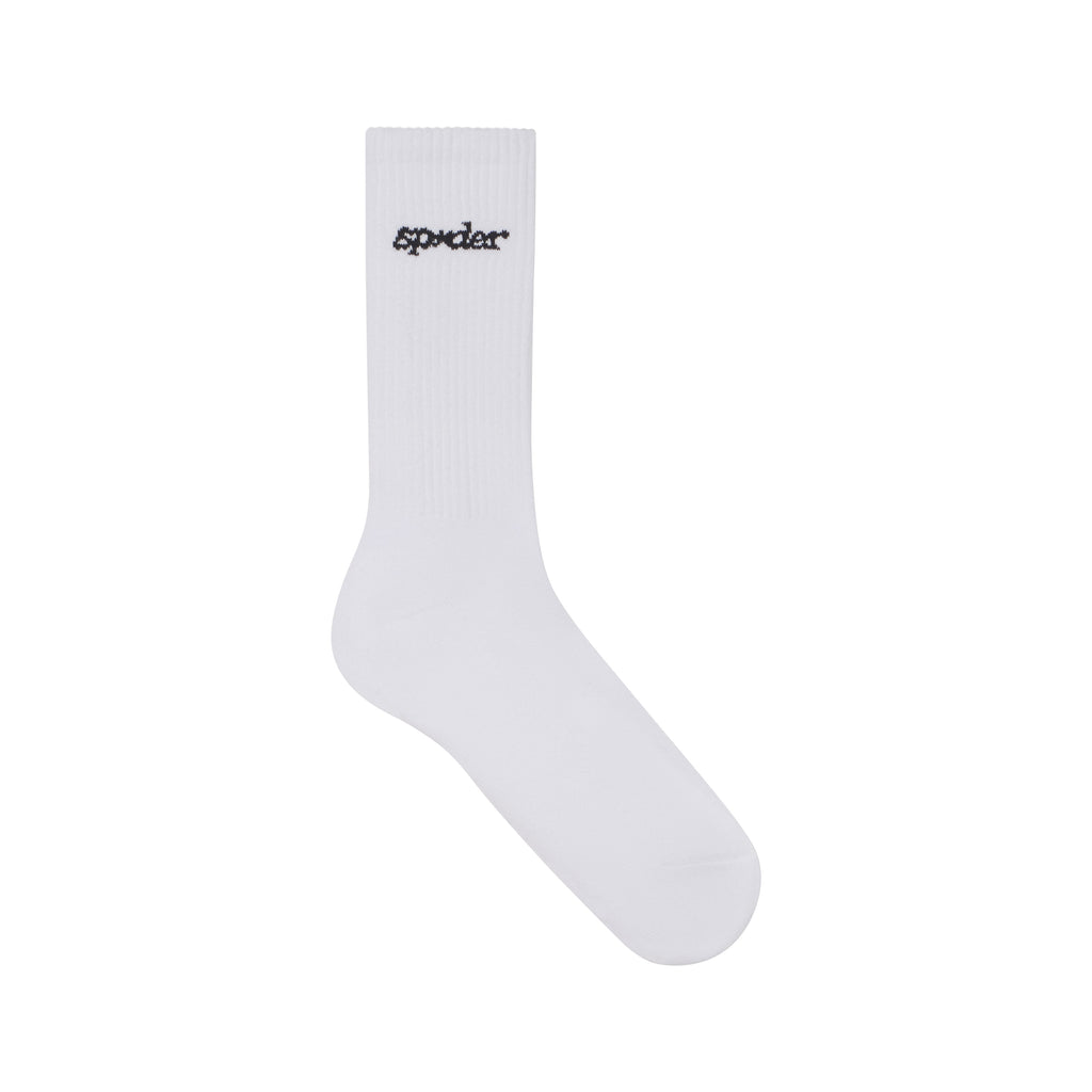 White knit tube socks featuring a black graphic Sp5der logo design on the ribbed cuff.