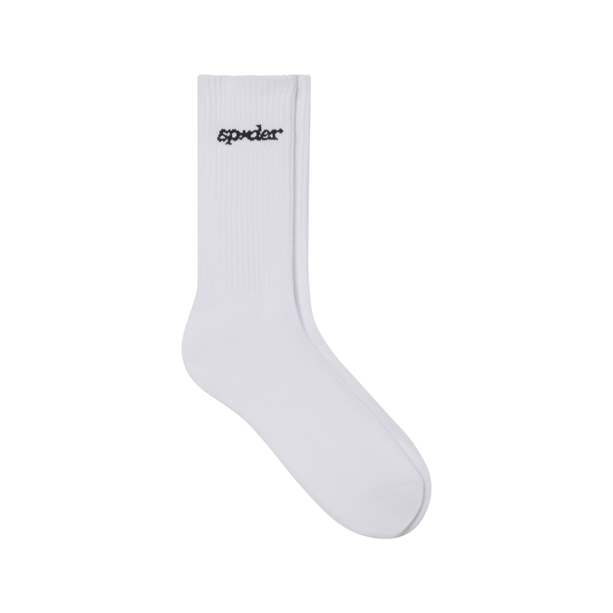 White knit tube socks featuring a black graphic logo design on the ribbed cuff.
