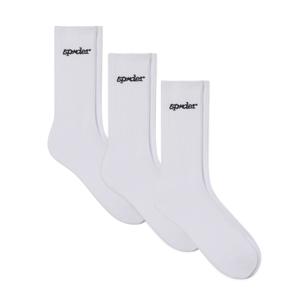 Three pairs of white knit tube socks featuring a black graphic Sp5der logo design on the ribbed cuffs.