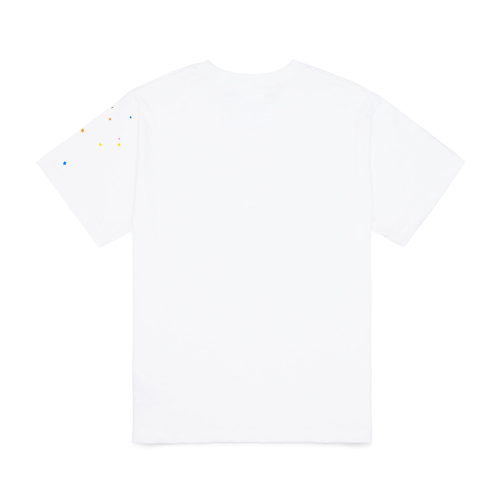 Back of a white 14oz cotton tee with small colorful stars on the left sleeve.