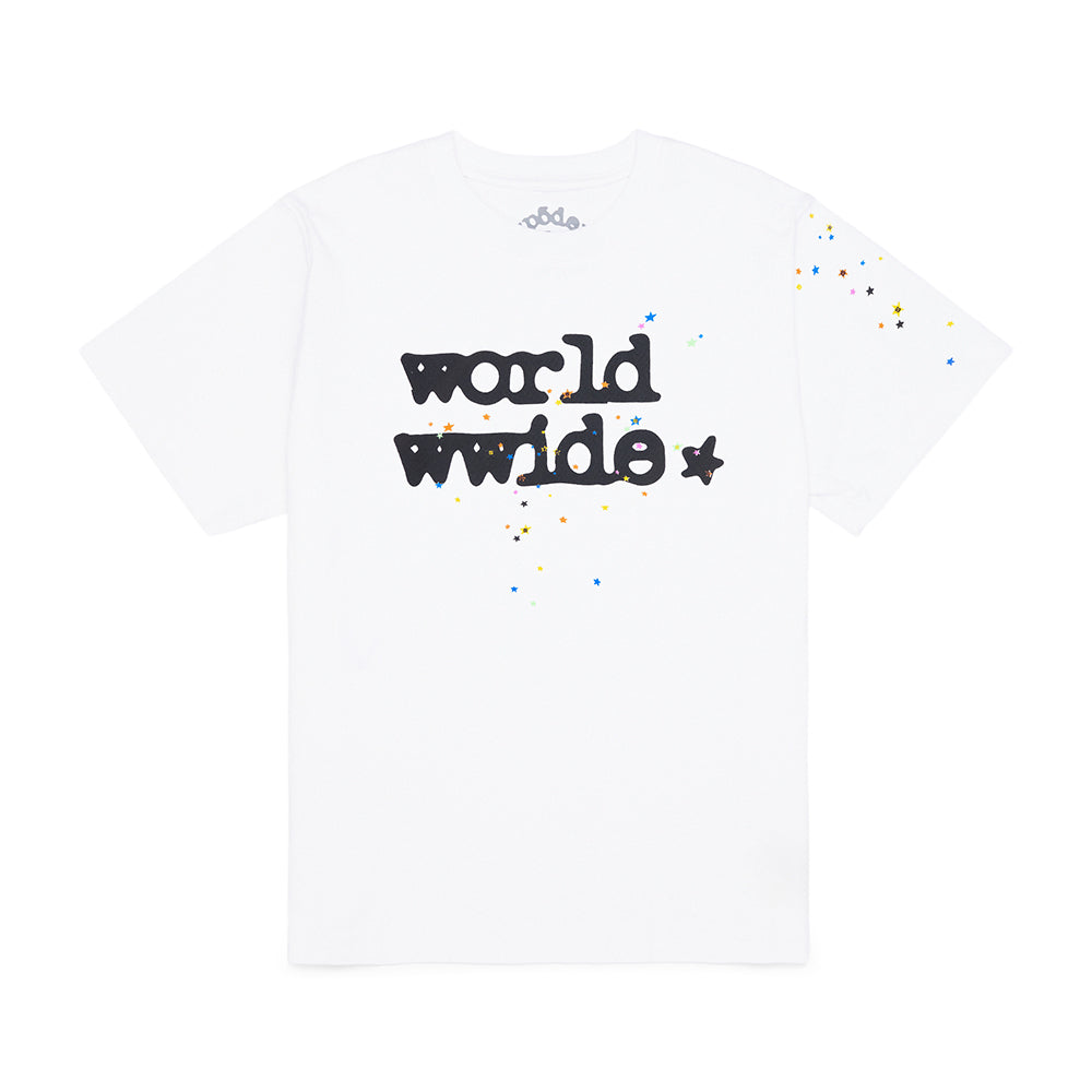 White 14oz cotton tee with "worldwide" print and colorful stars.