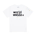 White 14oz cotton tee with "worldwide" print and colorful stars.