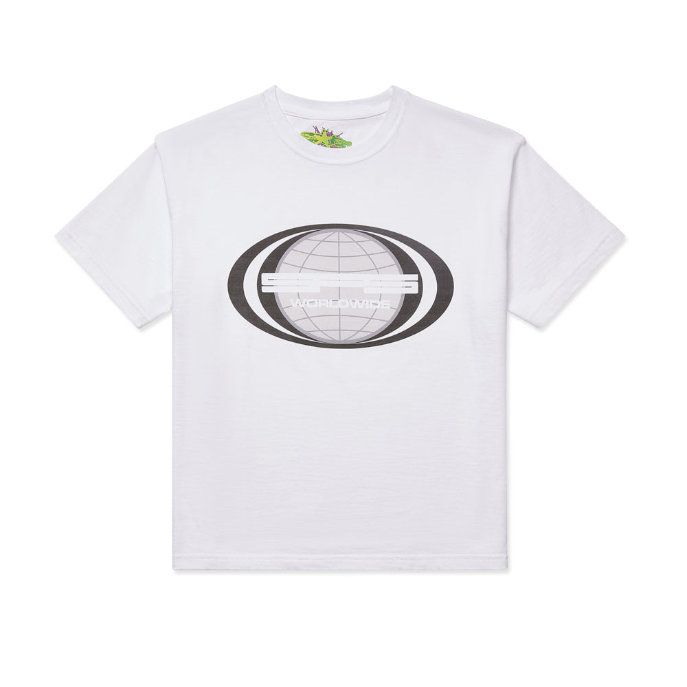 White 100% cotton tee with a large gray globe and "WORLDWIDE" graphic print on the front.