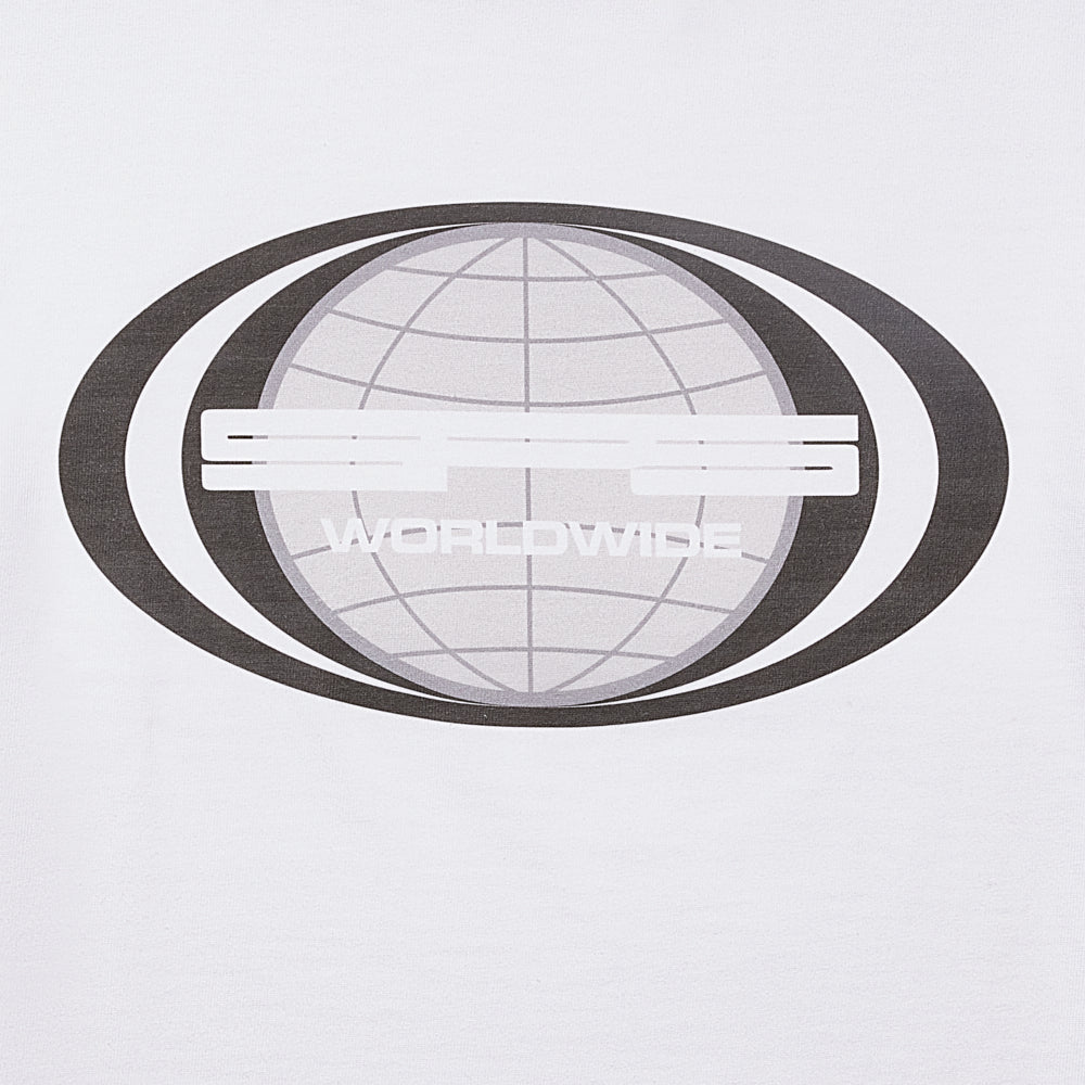 White 100% cotton tee with a large oval graphic featuring a globe and "WORLDWIDE" text.