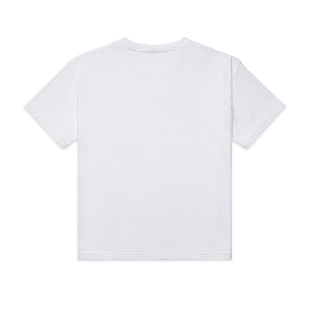 Back view of a plain white 100% cotton standard fit tee.