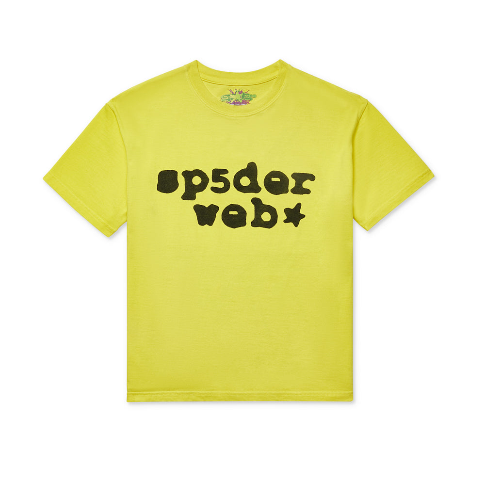 Yellow 100% cotton tee with "sp5der web" graphic in black on the front.