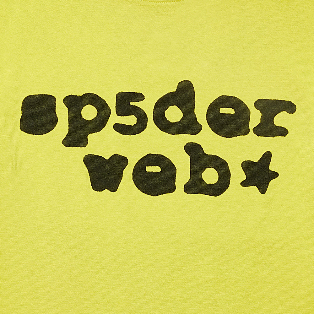 Yellow 100% cotton tee with "sp5der web" in black graphic print.